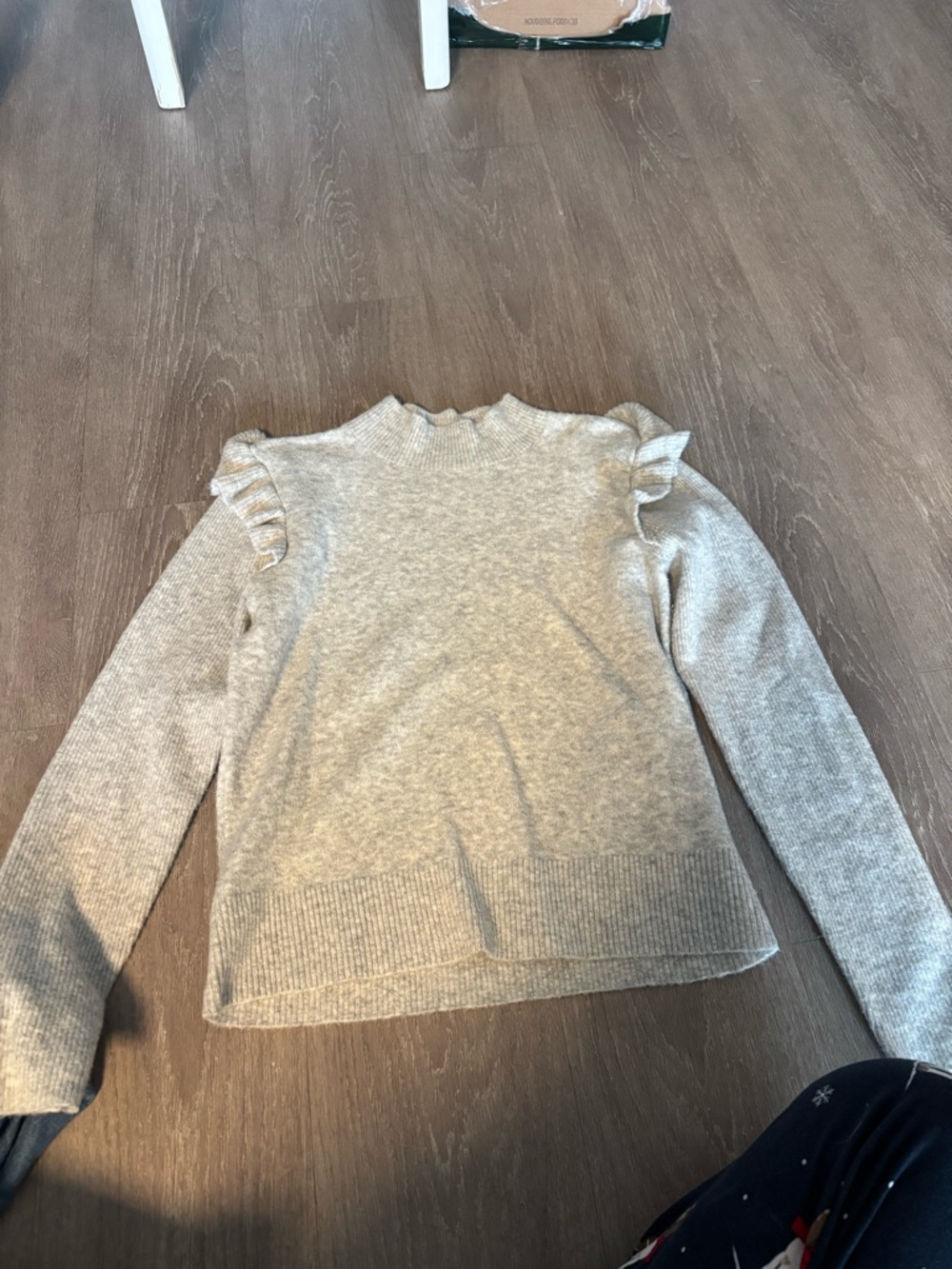 Loft Light Gray Ruffle Shoulder Knit Sweater